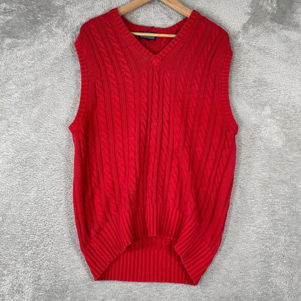 Lands End Sweater Vest Womens Small Red Cable Knit V Neck‎ Vintage Preppy 90s